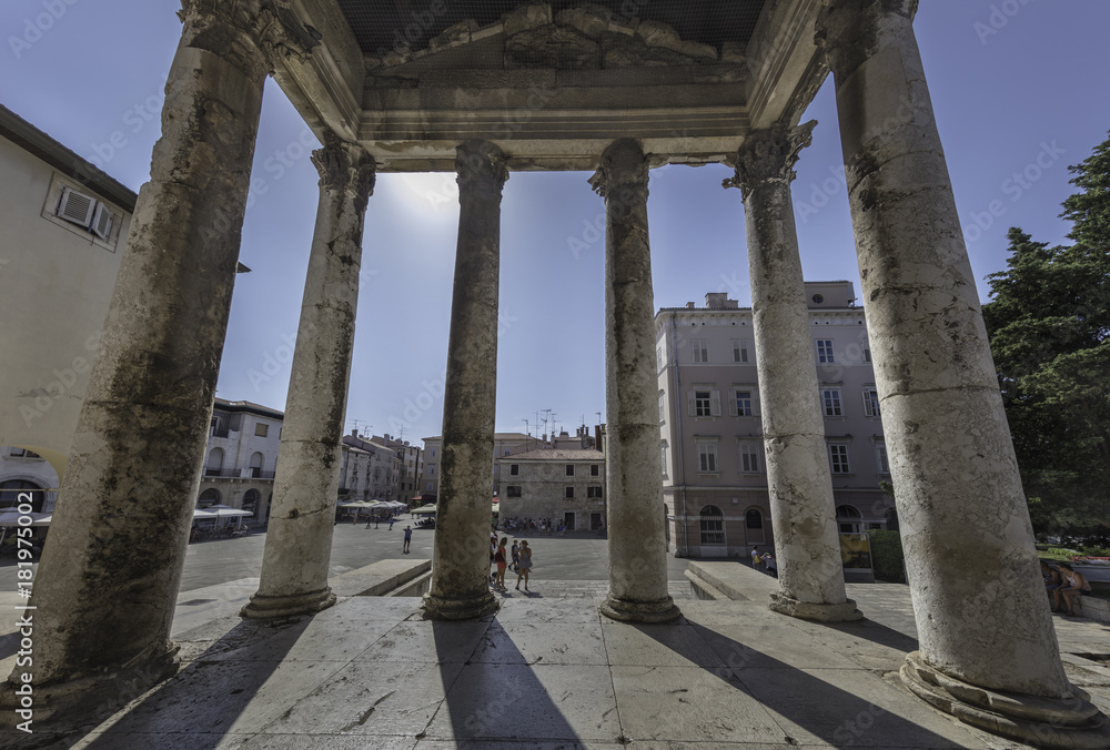Columns at entrance of the Temple of Augustus in Pula, Istria, Croatia