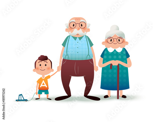 Funny cartoon family. Happy grandfather, grangmother and grandson. Granddad and little boy holding hands. Happy family concept. Cartoon vector flat illustration