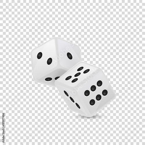 Vector illustration of white realistic game dice icon in flight closeup isolated on transparency grid background. Casino gambling design template for app, web, infographics, advertising, mock up etc