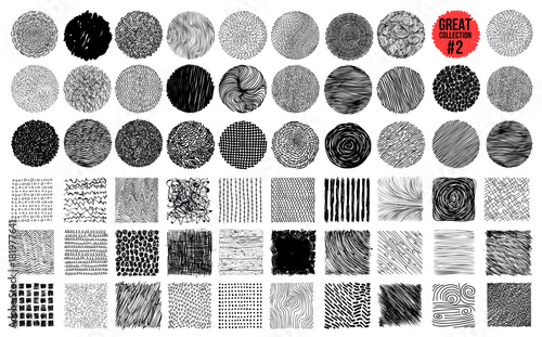 Hand texture. Set. The art collection of black design elements_circles, brush, wavy lines, abstract backgrounds, patterns. Vector illustration EPS 10. Isolated on white background. Freehand drawing