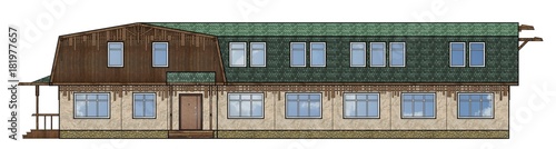 A small building with a mansard roof of wood.  Detail house facade of the wooden building. The architectural drawing of building front view on a white background. 