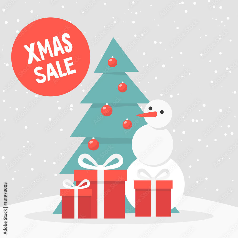 Xmas Sale. Winter discounts. Seasonal special offer. Snowy forest. Snowman, christmas tree and gift boxes. Flat editable vector illustration, clip art