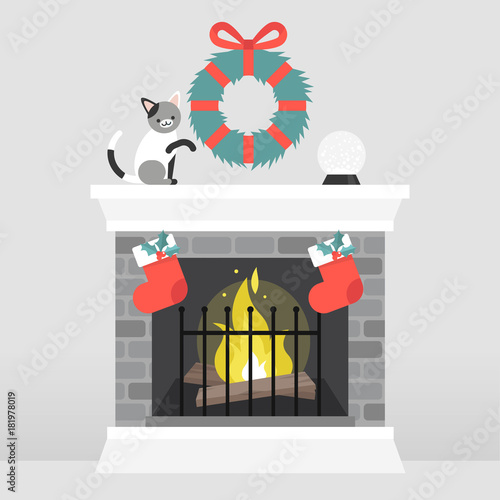 Christmas interior. Decorated fireplace. Cat playing with a wreath. Crystal ball. Winter seasonal decor. Flat vector illustration, clip art