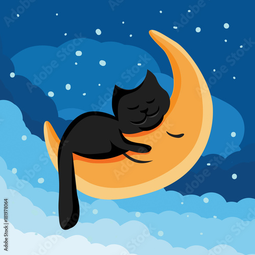 Vector cartoon illustration of a black sleeping cat holding the Moon in night sky. Good cloudy night with moon and stars.