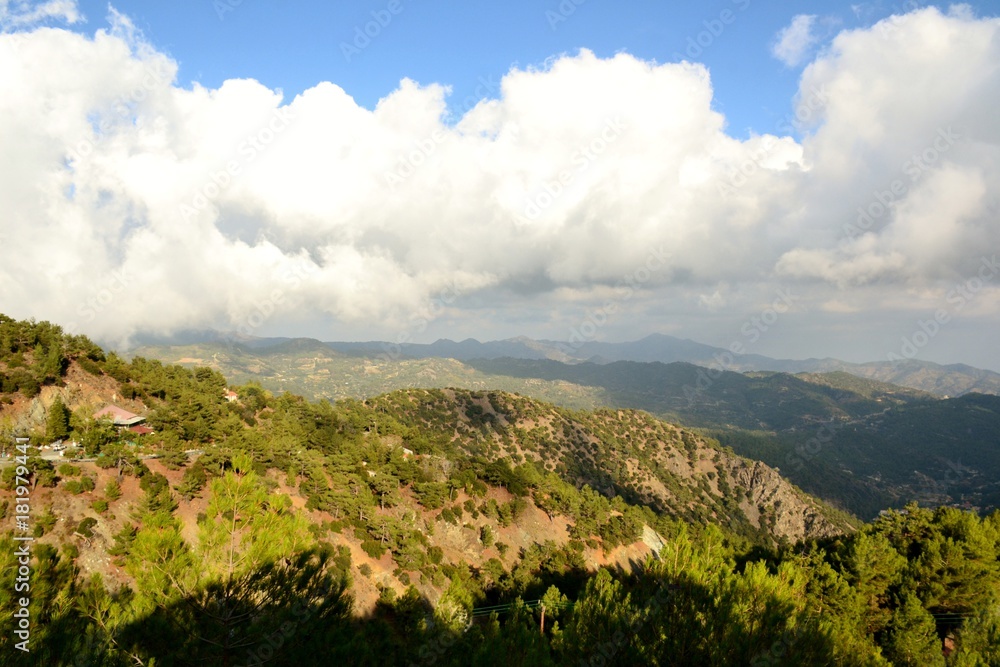 Landscape of Troodos mountains from Cyprus and cloudy blue sky Landscape of Troodos mountains from Cyprus and cloudy blue sky