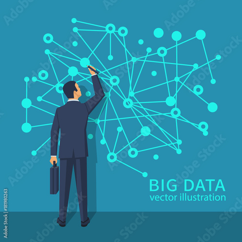 Big data concept. Businessman with briefcase standing about wall with diagram of data. Futuristic infographic. Network information. Modern digital technologies. Visualization research statistics.