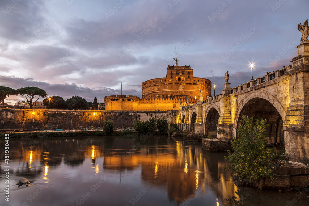 View of the Castel Sant'angelo or Mausoleum of Hadrian at sunset, Italy