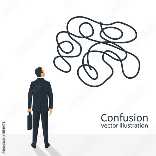 Confused thoughts. Confusion concept. Businessman is holding hands on head. Vector illustration flat design. Isolated on white background.