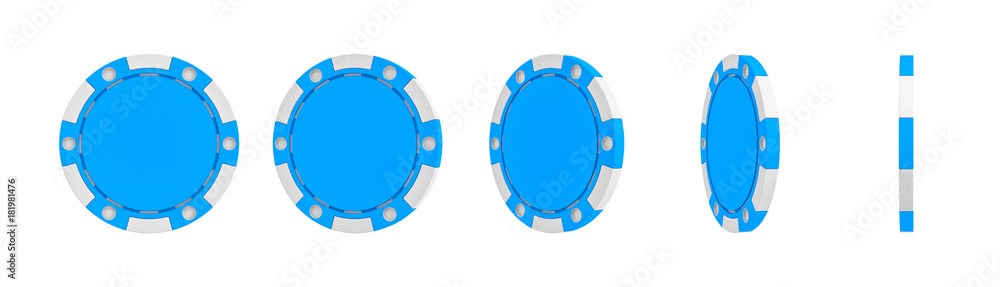 Naklejka premium 3d rendering of a single blue casino chip shown in different views from full front to a slim side view.
