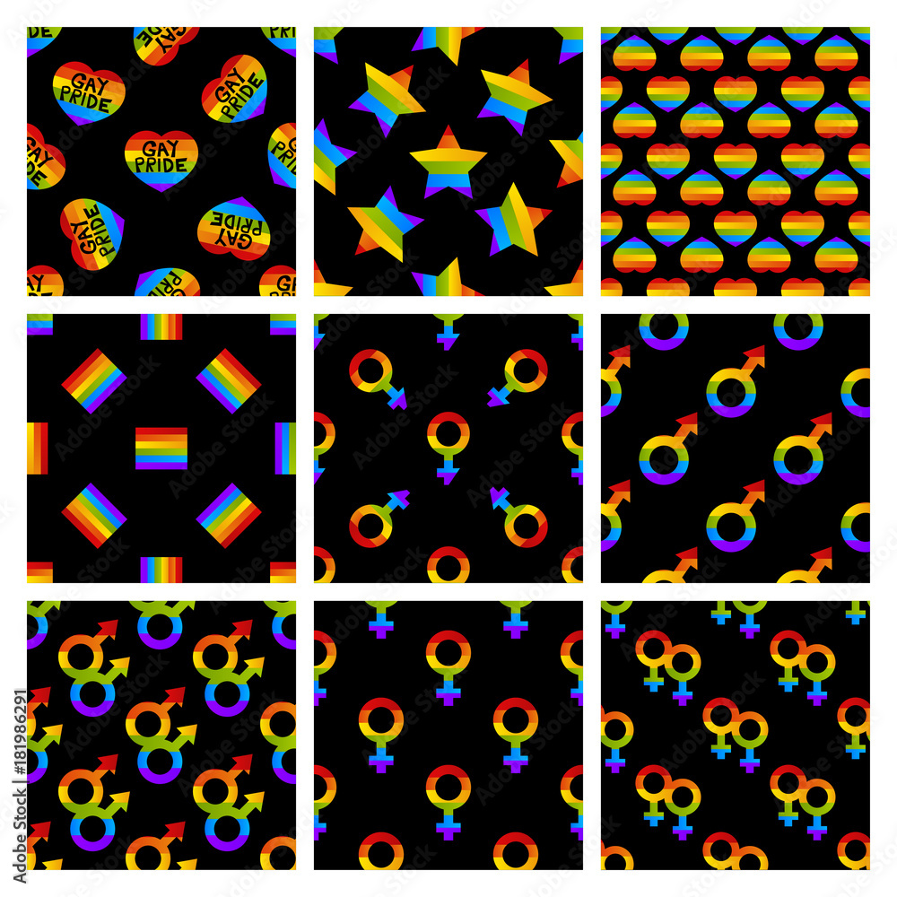 Set of Vector seamless pattern with bright Pride lgbt rainbow color heart Male and female symbol