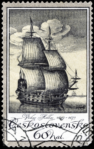 CZECHOSLOVAKIA - CIRCA 1976: A stamp printed in Czechoslovakia, shows old engravings of ships by Vaclav Hollar (1607-7167), circa 1976 photo
