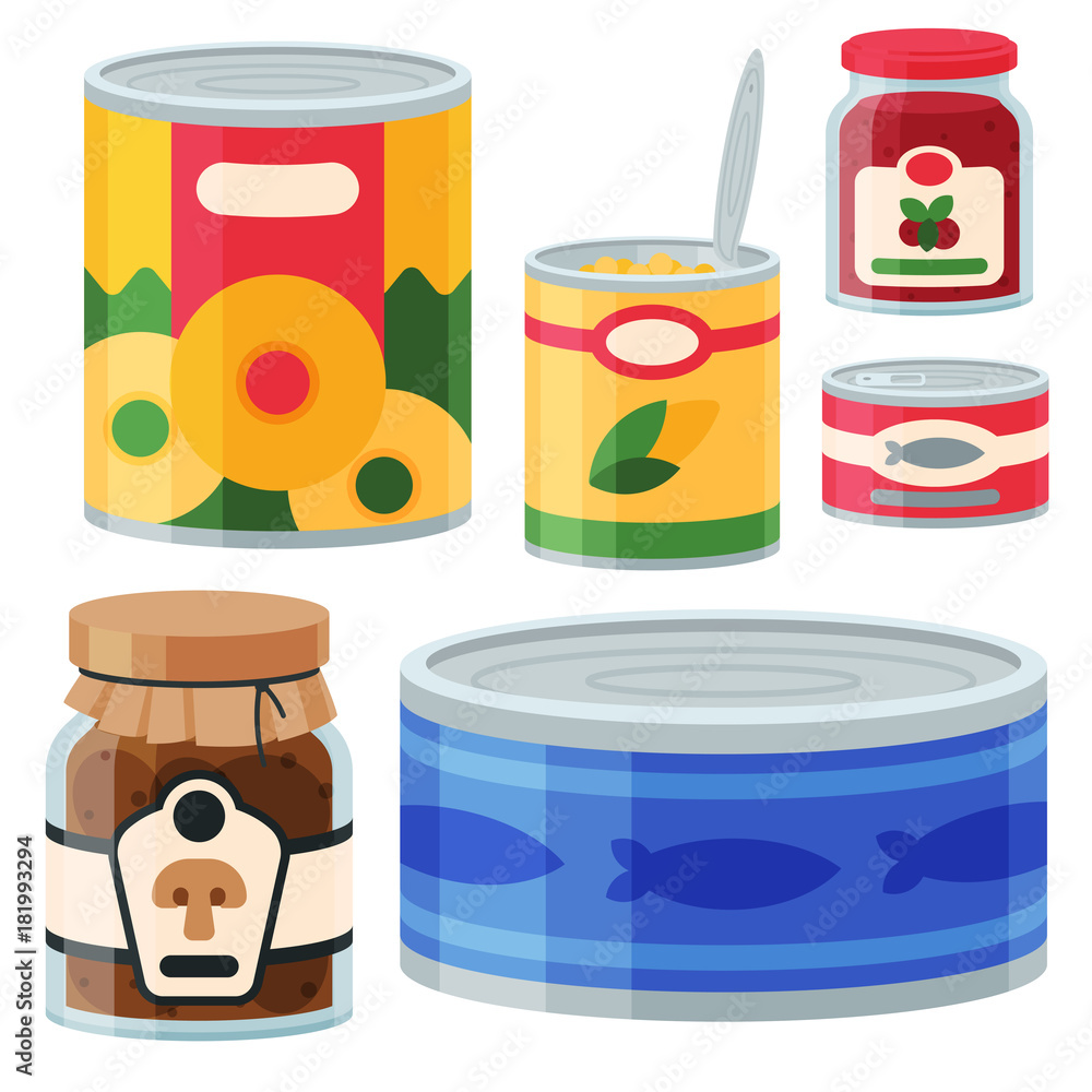 Collection of various tins canned goods food metal and glass container vector illustration. Collection of various tins canned goods food metal and glass container vector illustration.