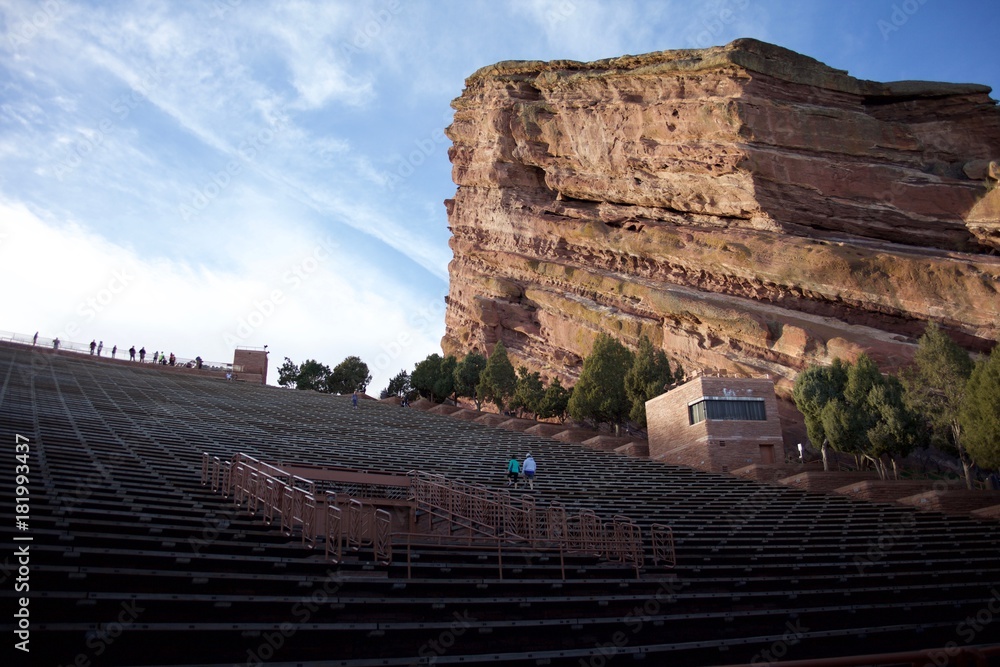 Outdoor stadium with red rocks