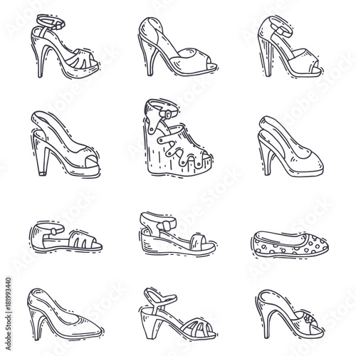 Set of womens shoes flat design vector hand drawn style of leather colored moccasins heel shoe illustration.