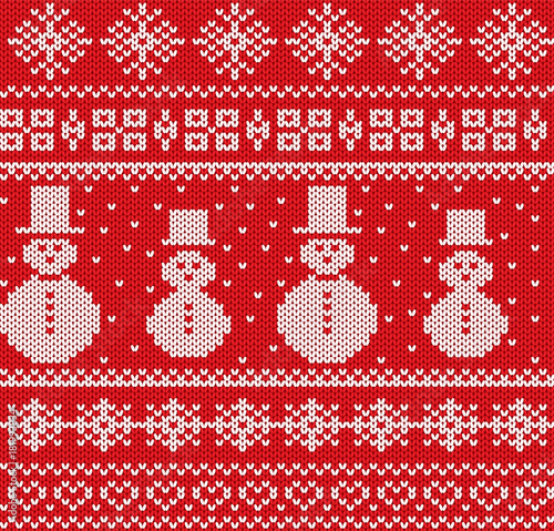 Knitted christmas background with snowmen and snowflakes. Geometric knit seamless pattern.