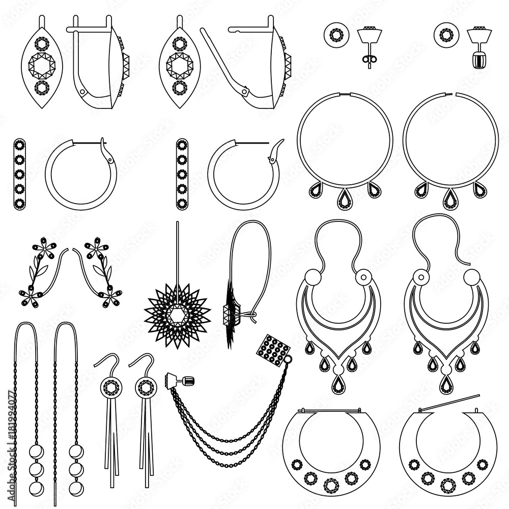 earring clasps types outline Stock Vector