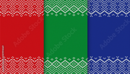 Three colors sweater texture collection. Knitted christmas background. Red, green and blue geometric ornament.