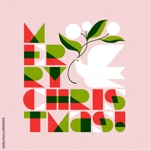 Christmas greeting card with Merry Christmas lettering and flying dove with flower bouquet