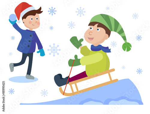 Christmas sledding kids playing winter games cartoon new year winter holiday background vector illustration.