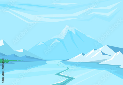 Winter landscape with christmas tree mountain frozen nature wallpaper beautiful natural vector illustration. © partyvector