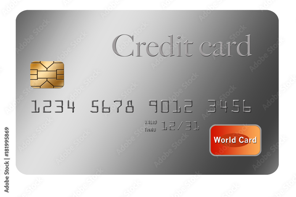 Credit card is seen isolated on a white background. Illustration. Faux ...