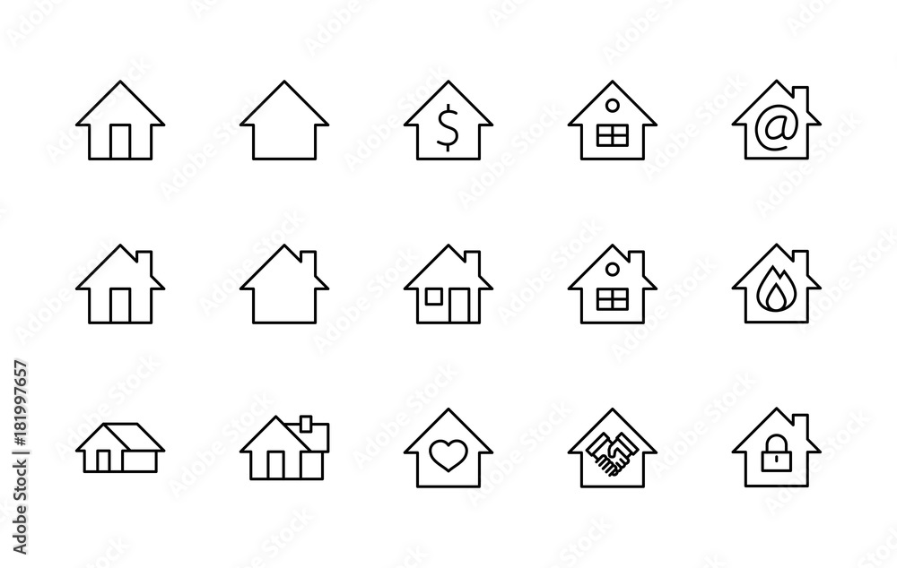 Set of house vector line icons. Contains symbols of the conclusion of the contract, heart, a drop of water, fire, money and many other things. Editable move. 32x32 pixels.