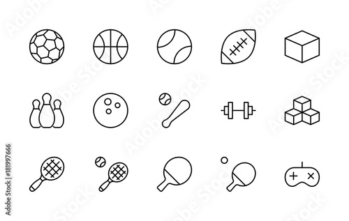 Set of sports balls, hobbies, entertainment vector line icons. It contains symbols of football, basketball, bowling, tennis and much more. Editable move. 32x32 pixels.
