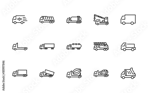 Truck Set of Transport Vector Line Icons. Contains such Icons as Truck, Transportation, Tow Truck, Cranes, Mixer, Garbage Truck, Manipulators, Delivery service and more. Editable Stroke. 32x32 Pixel