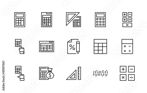 Set of Calculation Vector Line Icons. Contains such Icons as Calculator Icon, Pencil, Click, Money Bag, Percent symbol, Square and Ruler. Editable Stroke. 32x32 Pixel Perfect.