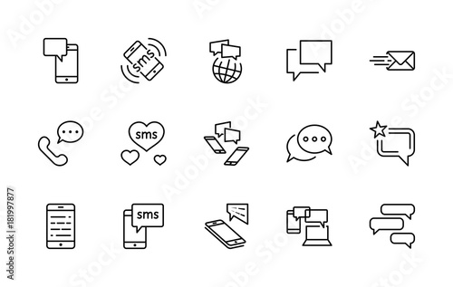 Set of Message Vector Line Icons. Contains such Icons as Conversation, SMS, Heart, Love Chats, Notification, Group Chat and more. Editable Stroke. 32x32 Pixel Perfect. photo