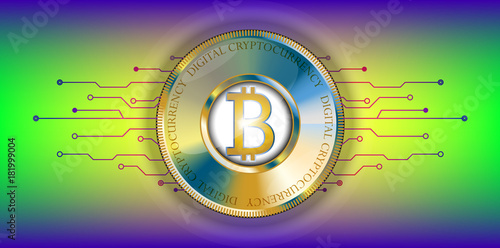 Golden bitcoin banner with futuristic technological lines. Digital Cryptocurrency. Vector. Technology style colourful background