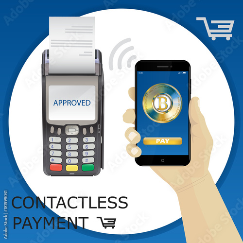 Pos terminal and smartphone mobile payment by bitcoin. Contactless payment.