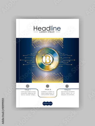 Book cover design template with bitcoin and futuristic technology lines. Good for banner, journal, annual report, conference.