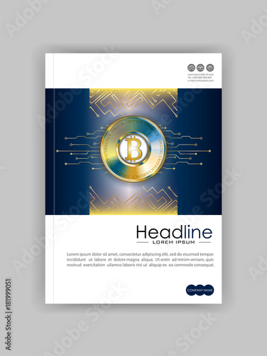 Book cover design template with bitcoin and futuristic technology lines. Good for banner, journal, annual report, conference.