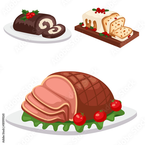 Christmas food and desserts holiday decoration xmas sweet celebration vector traditional festive winter cake homemade dish.