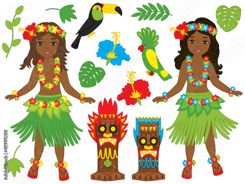 Vector Hawaiian Set with Beautiful Young Girls, Tiki Masks, Birds and Hibiscus