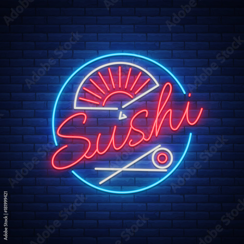 Sushi logo in neon style. Bright neon sign with text is isolated. Seafood, Japanese food. Bright billboard billboard, restaurant advertising bar of Japanese food sushi. Vector illustration