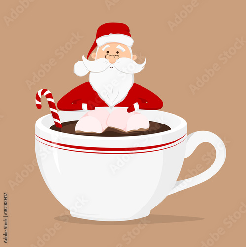 Vector cup of coffee with marshmallows and Santa Claus on brown background. Merry Christmas and Happy New Year
