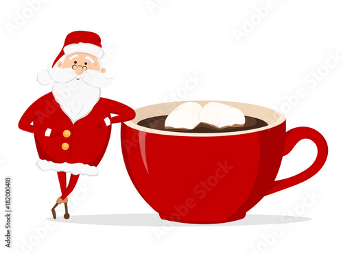 Vector red cup of coffee with marshmallows and Santa Claus. Merry Christmas and Happy New Year