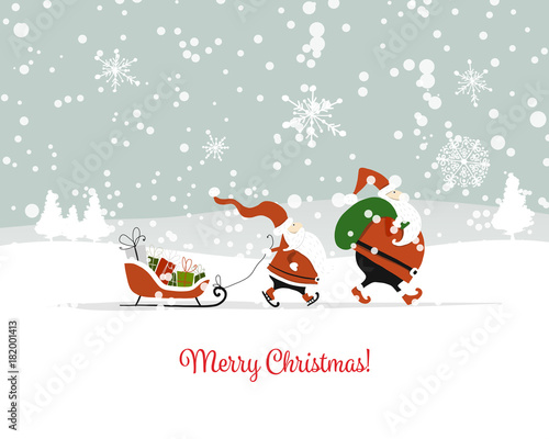 Santa brothers in winter forest. Christmas card