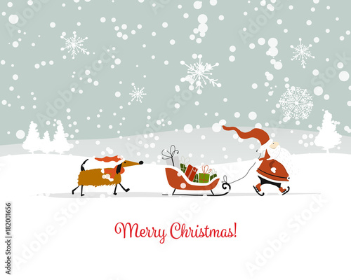 Santa Claus with dog, symbol of 2018. Christmas card