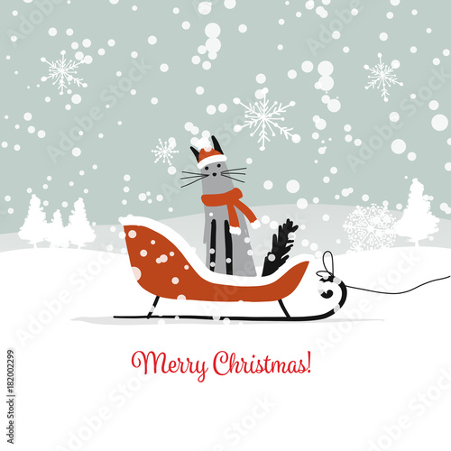 Christmas card design, sledge with santa cat