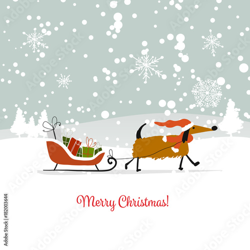 Christmas card, santa dog with gifts. Symbol of 2018