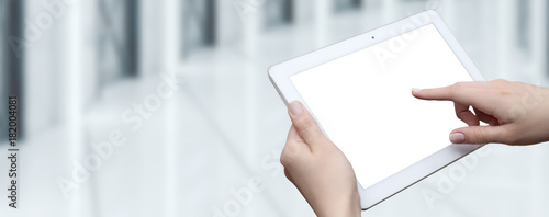 Woman holding digital tablet. Isolated screen. Business Internet Technology concept