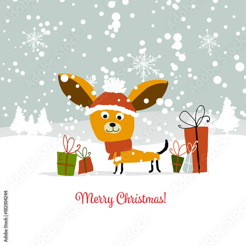 Christmas card, santa dog with gifts. Symbol of 2018