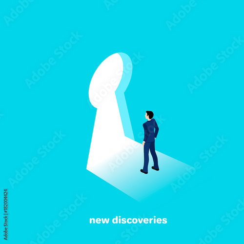 man in a business suit goes to new discoveries, isometric style
