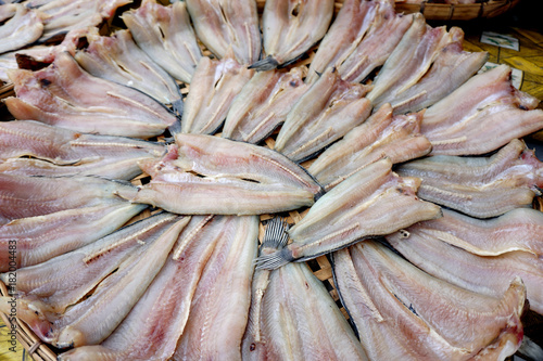 Dried fish sell on the street market , traditional preserved food in Thailand