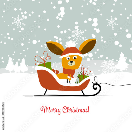 Christmas card, santa dog with gifts. Symbol of 2018