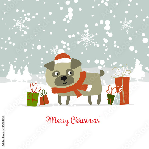 Christmas card, santa dog with gifts. Symbol of 2018