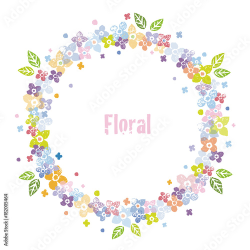 カラフルな花飾りのリース、円形飾り枠デザイン